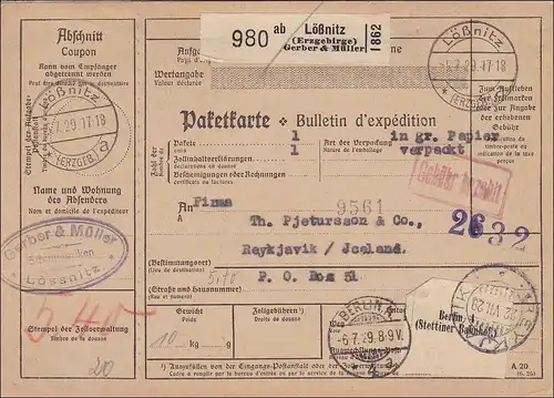 Weimar: Paketkarte von Lößnitz nach Reykjavik / Island 1929