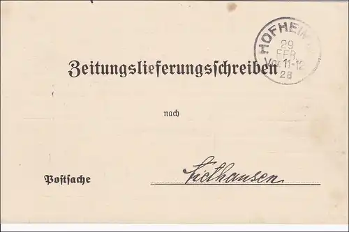 Weimar: Lettre de livraison de journaux de Hofheim - Messager de Haßgau - 1928