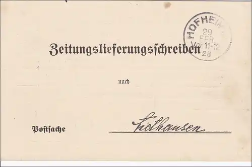 Weimar: Zeitungslieferungsschreiben von Hofheim - Bote vom Haßgau - 1928