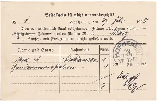 Weimar: Lettre de livraison de journaux de Hofheim - Messager de Haßgau - 1928