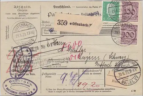 Weimar: Paketkarte von Offenbach in die Schweiz 1929