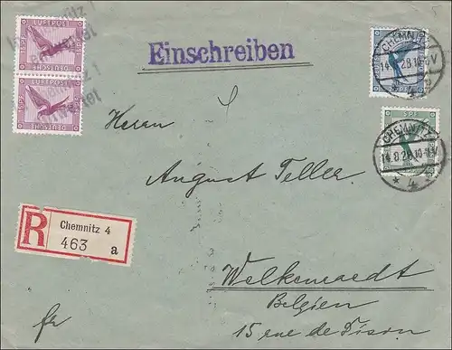Weimar: Einschreiben von Chemnitz nach Belgien 1928