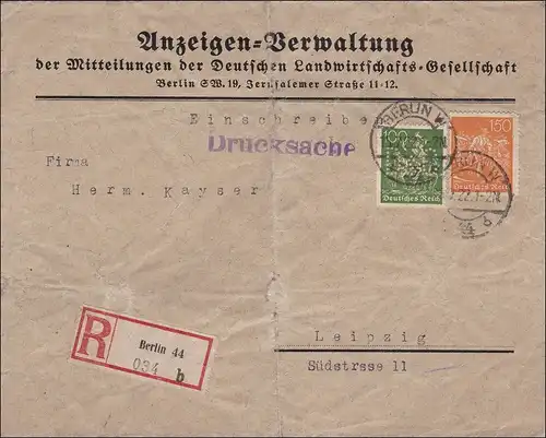 Inflation: Einschreiben von Berlin nach Leipzig als Drucksache 1922