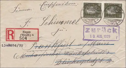 Weimar:  Brief von Hagen nach Frankfurt und zurück als Einschreiben
