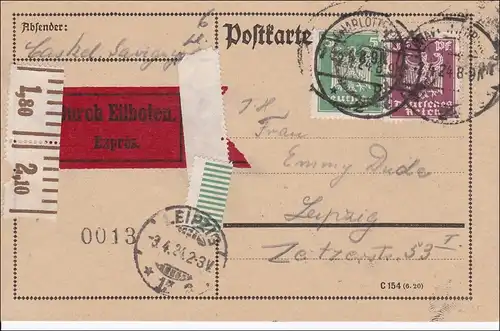 Weimar:  Postkarte als Eilboten von Leipzig 1924