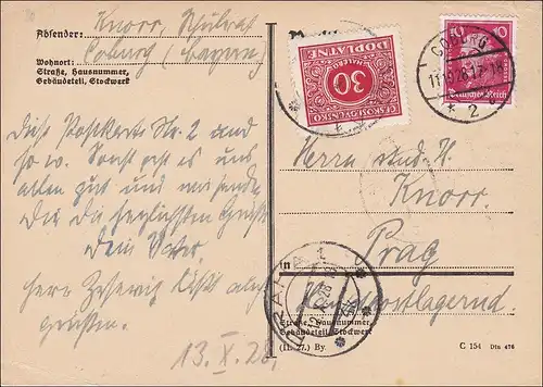 Weimar: Carte postale de Coburg à Prague avec retour en 1928