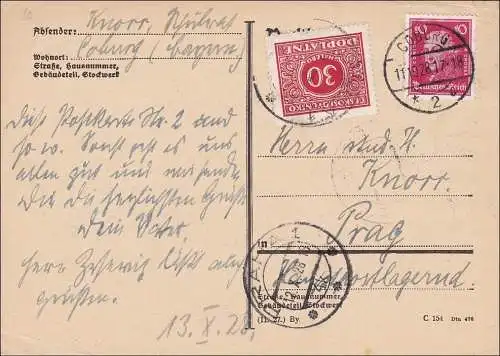 Weimar:  Postkarte von Coburg nach Prag mit Nachgbühr 1928