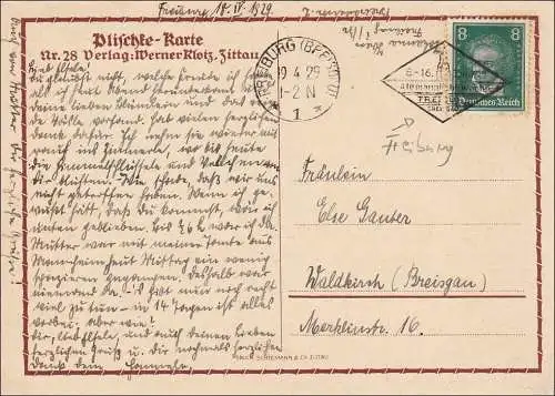 Weimar:  Ansichtskarte Plischke von Freiburg  Bahnpost nach Waldkirch 1929