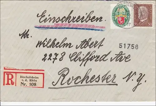 Weimar:  Breif von Bischofsheim als Einschreiben nach USA 1930