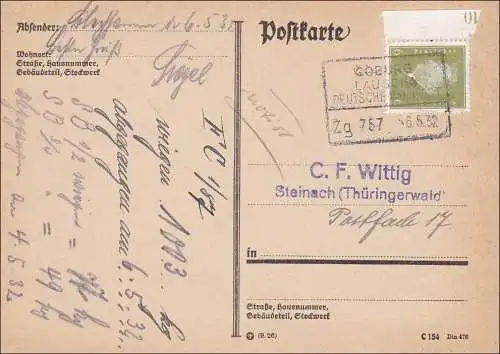 Weimar:  Postkarte von Coburg -Lauscha nach Steinach 1932