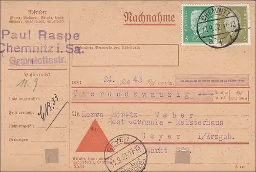 Weimar: Carte de colis de Chemnitz à Geyer/Erzgebirge 1932