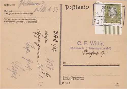 Weimar: Carte postale de Coburg-Lauscha vers Steinach 20.1.1933