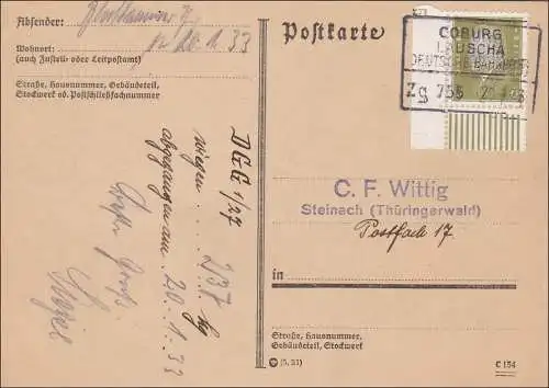 Weimar: Carte postale de Coburg-Lauscha vers Steinach 20.1.1933