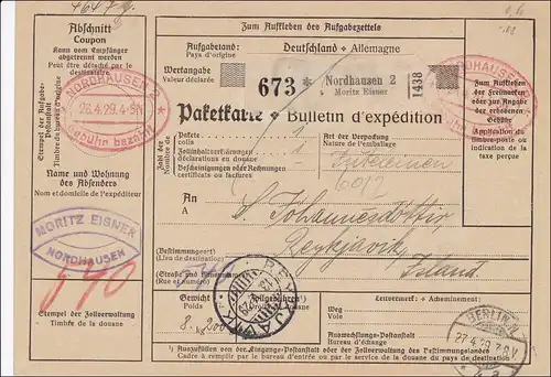 Weimar: Paketkarte von Nordhausen - Gebühr bezahlt Stempel - nach Island 1929