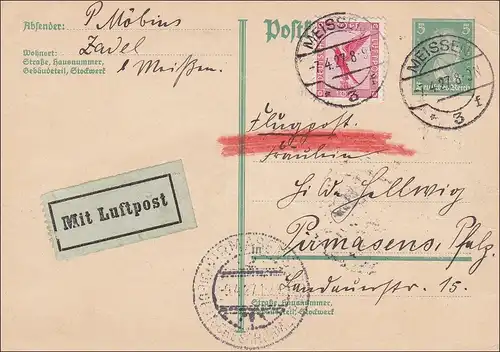 Weimar: Luftpost Karte von Meissen nach Pirmasens 1927