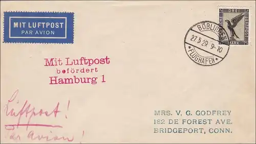 Weimar: Lettre de poste aérien de Böblingen/Aéroport vers les États-Unis 1929