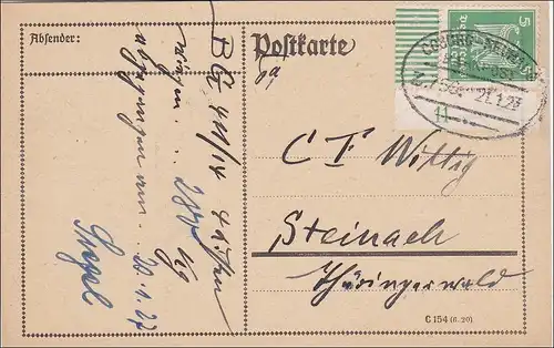 Weimar: Postkarte von Coburg-Neuhaus nach Steinach - Eckrand 1927
