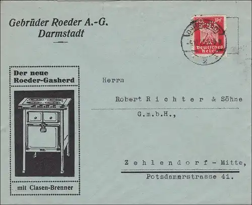 Weimar: Lettre de frère Röder Darmstadt à Zehldendorf - Gasherd 1925