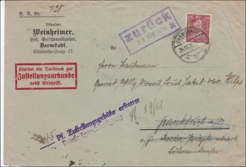 Certificat de notification Darmstadt vers Francfort 1928: REMBOURSEMENT REQUIS !!!