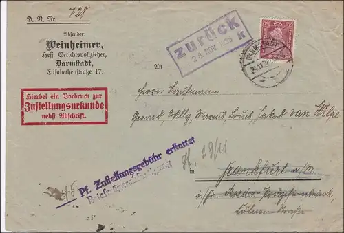 Zustellungsurkunde Darmstadt nach Frankfurt 1928: ZUSTELLGEBÜHR ERSTATTET !!!!