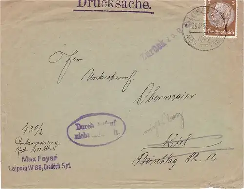 III. Reich: Drucksache von Leipzig nach Kiel - Aufruf erfolglos 1935