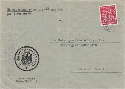 III. Reich: Lettre du président de la police Berlin à Mannheim 1935: POL Lochung