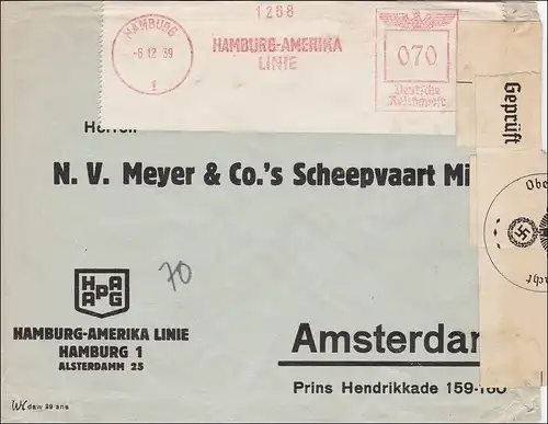 III. Reich: Hamburg-Amerika Linie Freistempel und Zensur nach Amsterdam  12.1939