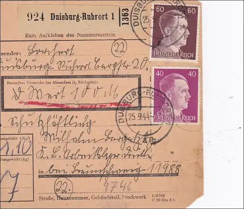 III. Reich: Paketkarte Duisburg-Rubrort an Schutzhäftling KL-Arbeitslager Drütte