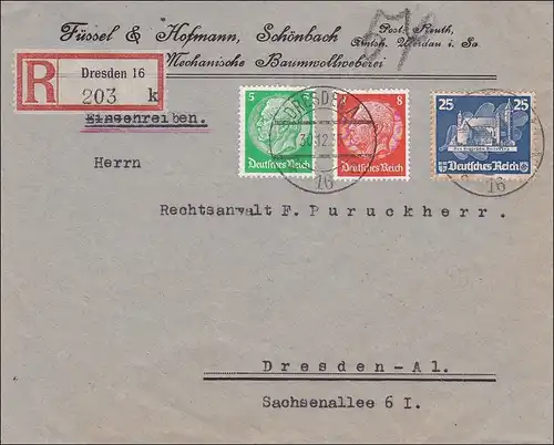 III. Reich: Einschreiben innerhalb von Dresden - seltene Frankatur 1935