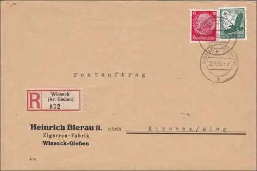 III. Reich: Einschreiben von Wieseck-Gießen nach Kirchen/Sieg 1939