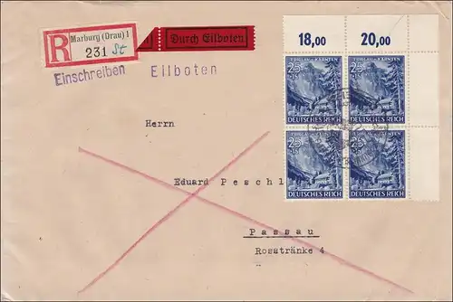 III. Reich: Einschreiben - Eilboten von Marburg nach Passau mit Eckrand VB 1941