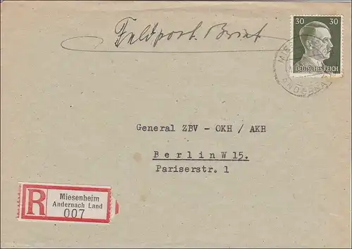 III. Reich: Einschreiben Feldpost-nur R-Gebühr bezahlt von Miesenheim 1943