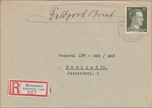 III. Reich: lettre recommandée courrier de champ-R-Taxe payé par Miesenheim 1943