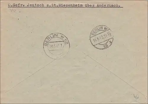 III. Reich: Einschreiben Feldpost-nur R-Gebühr bezahlt von Miesenheim 1943