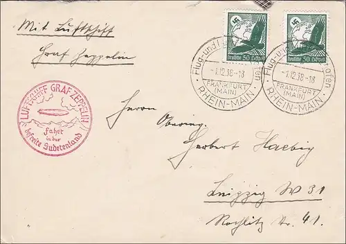 III. Reich: Brief mit Luftschiff ins Sudetenland 1938 nach Leipzig