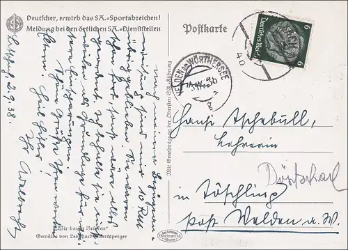 III. Reich: AK Allemand embauche le SA Sportablzeiten Villach/Weiden 1938