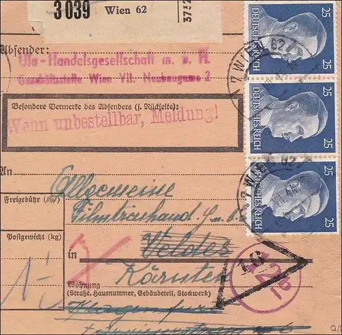 III. Reich: Paketkarte von Wien nach Velden 1944  MeF