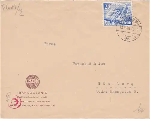 III. Reich: Brief von Berlin nach Göteborg 1940, Zensur
