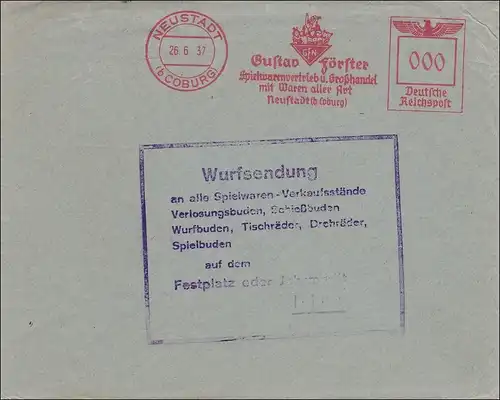 III. Reich: WURFSENDUNG von Neustadt/Coburg frankiert mit 000 Freistempel 1937