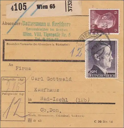 III. Reich: Carte de colis de Vienne à Bad Ischl 1944