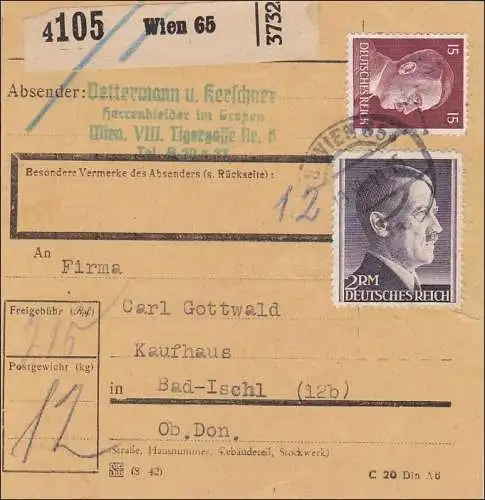 III. Reich: Paketkarte von Wien nach Bad Ischl 1944