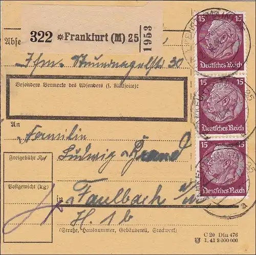 III. Reich: Paketkarte von Frankfurt nach Faulbach 1941