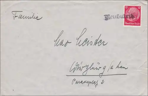 III. Reich:  Brief aus Neubibritz nach Würtzburg
