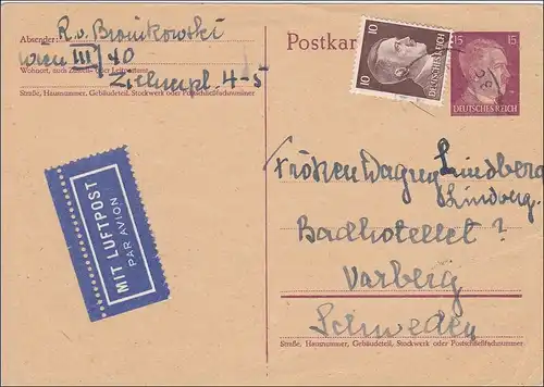 III. Reich: Postkarte als Luftpost von Wien nach Schweden 1943