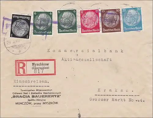 III. Reich: Einschreiben Myschkow Oberschlesien nach Krakau 1940
