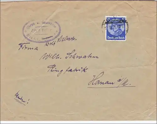 III. Reich: Lettre de Diez a.L. (Posen) après Hanau 1933, montres et orterie