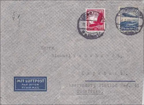 III. Reich: Lettre postale aérienne de Ludwigshafen vers l'Afrique du Sud en 1934