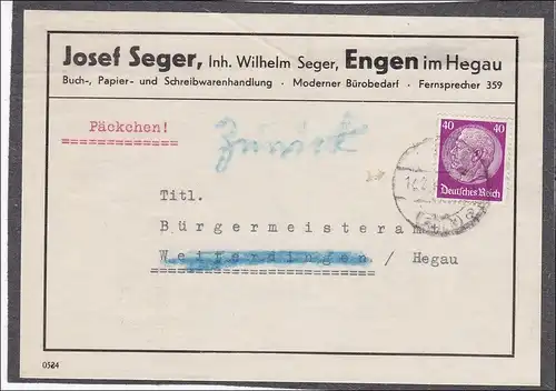 III. Reich: Päckchen von Engen im Hegau nach Weiterdingen 1934