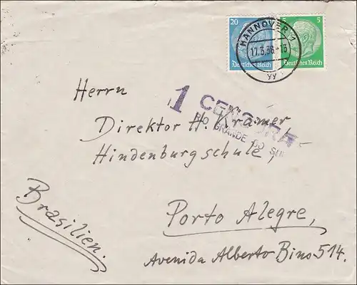 III. Reich: Brief von Hannover nach Brasilien 1936