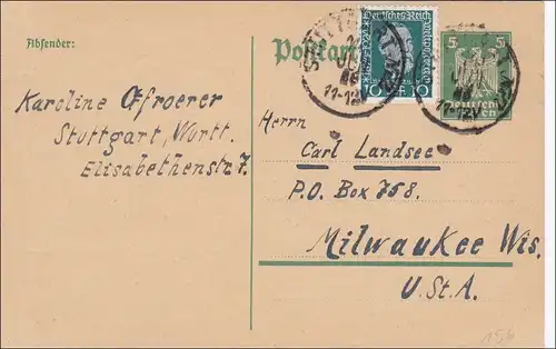 Ganzsache  1925 von Stuttgart nach USA